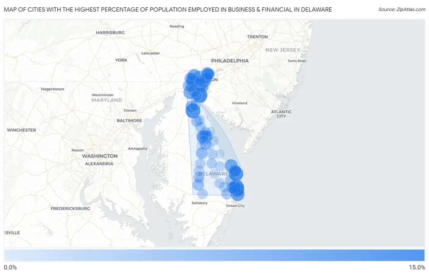 Cities with the Highest Percentage of Population Employed in Business & Financial in Delaware Map