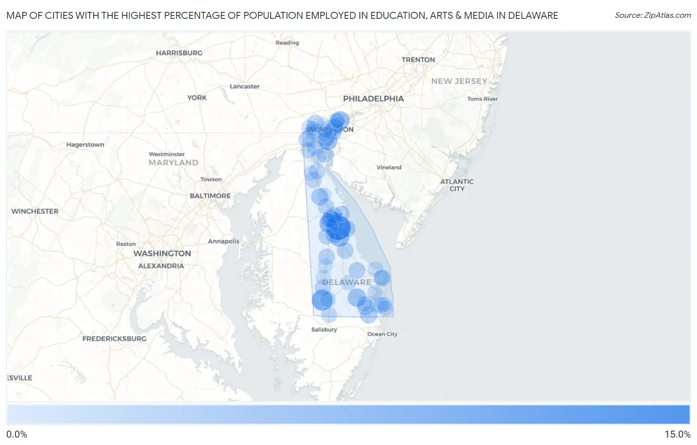 Cities with the Highest Percentage of Population Employed in Education, Arts & Media in Delaware Map
