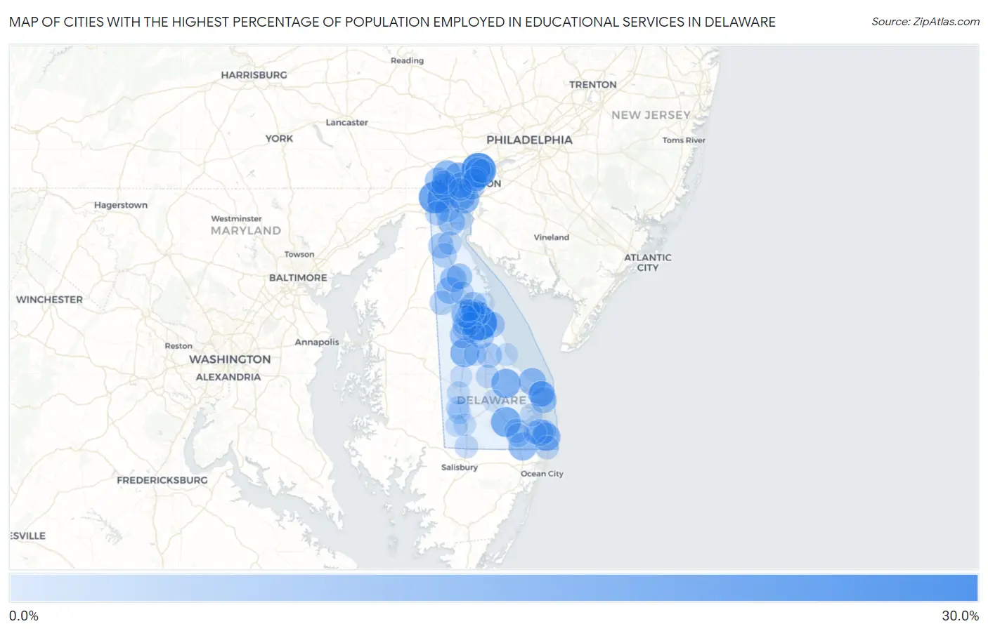 Cities with the Highest Percentage of Population Employed in Educational Services in Delaware Map