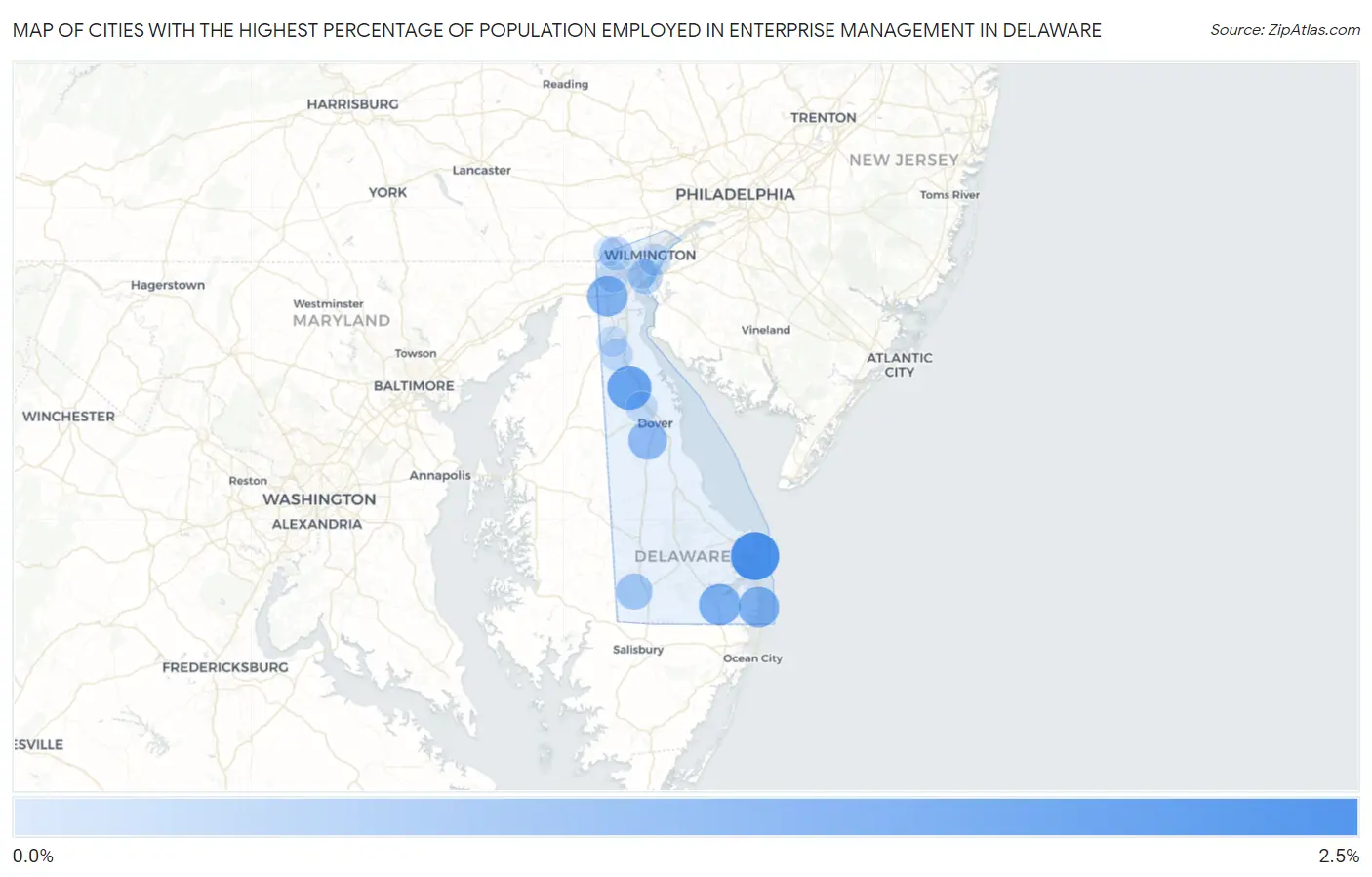 Cities with the Highest Percentage of Population Employed in Enterprise Management in Delaware Map