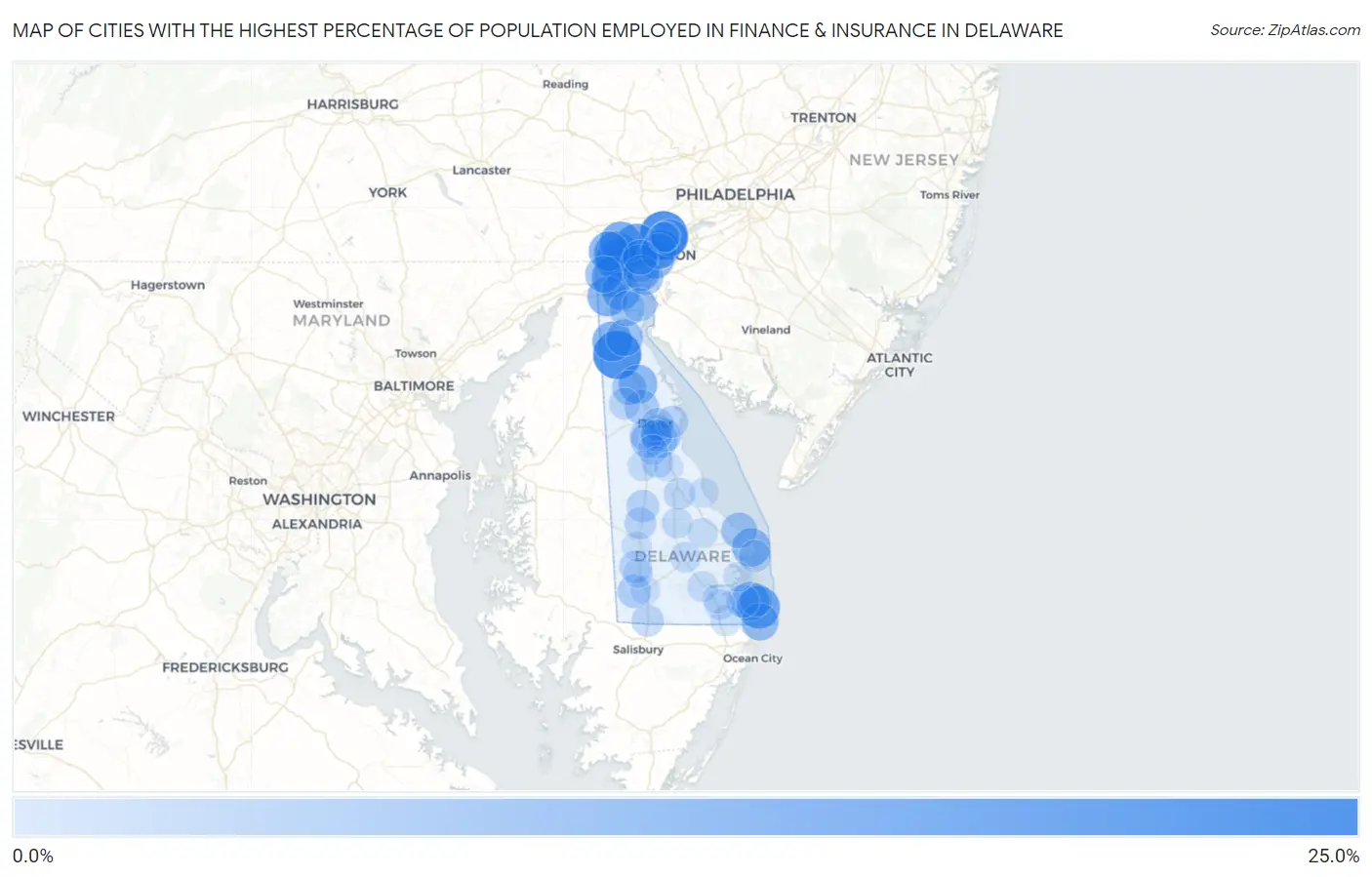 Cities with the Highest Percentage of Population Employed in Finance & Insurance in Delaware Map