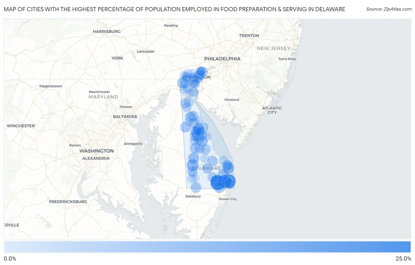 Cities with the Highest Percentage of Population Employed in Food Preparation & Serving in Delaware Map
