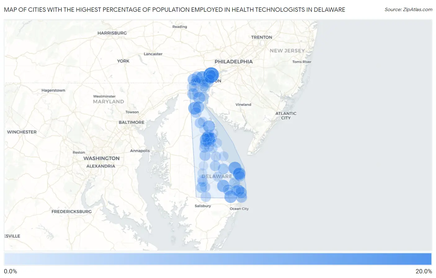 Cities with the Highest Percentage of Population Employed in Health Technologists in Delaware Map