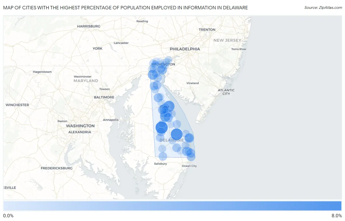 Cities with the Highest Percentage of Population Employed in Information in Delaware Map
