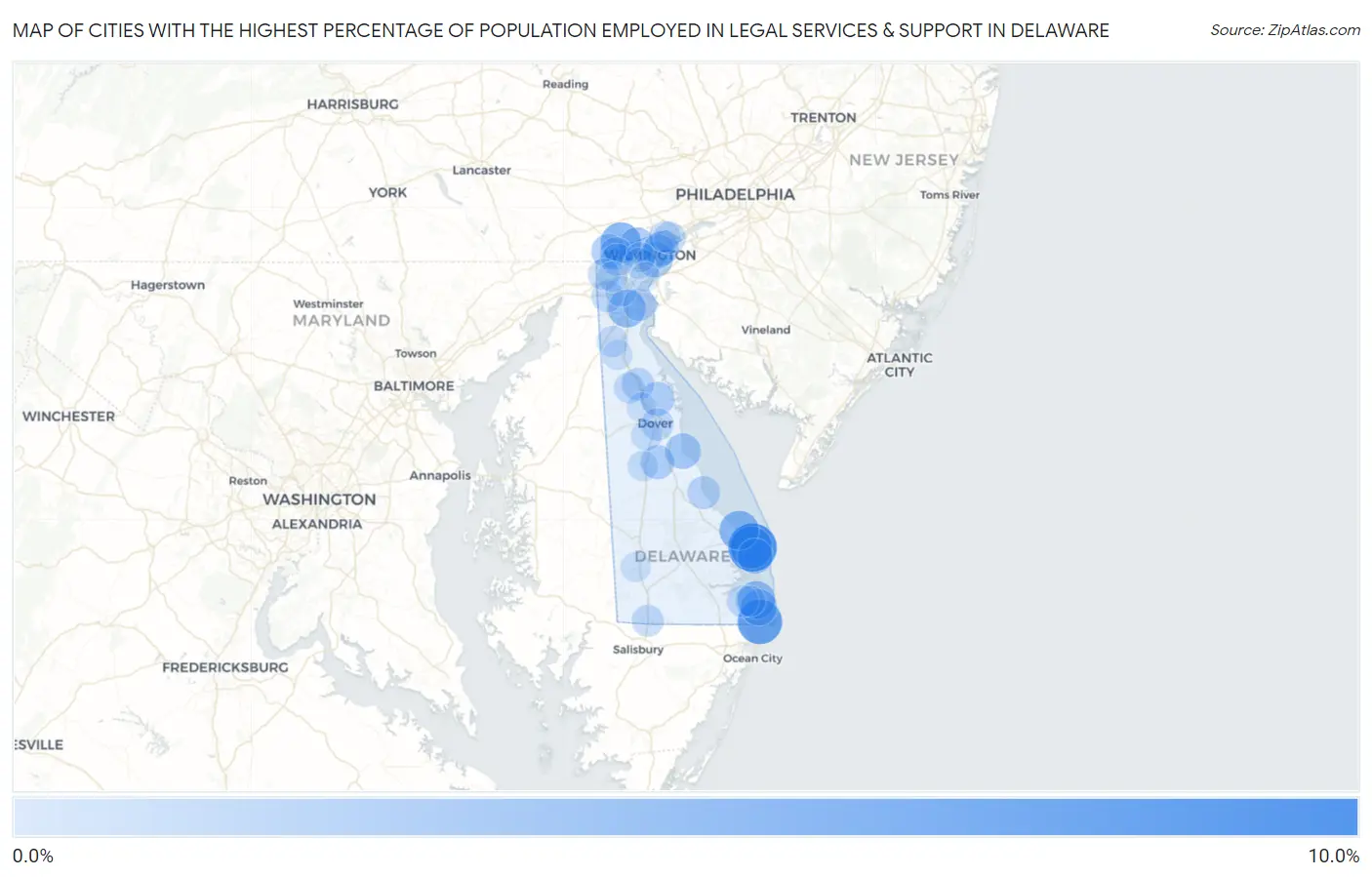 Cities with the Highest Percentage of Population Employed in Legal Services & Support in Delaware Map