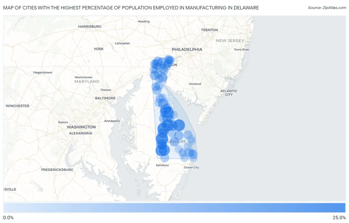 Cities with the Highest Percentage of Population Employed in Manufacturing in Delaware Map