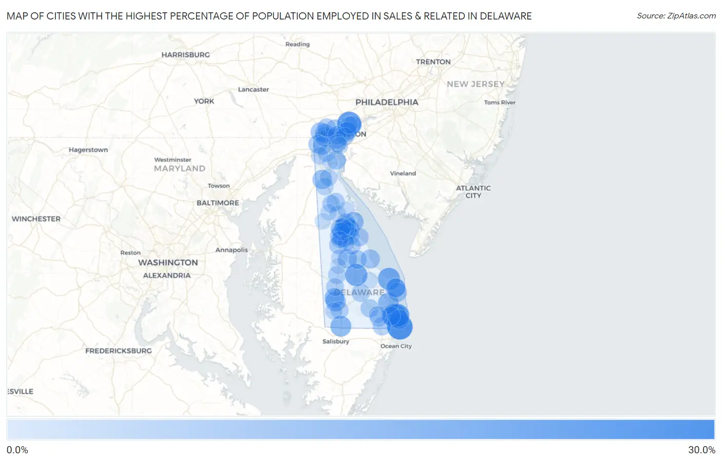 Cities with the Highest Percentage of Population Employed in Sales & Related in Delaware Map