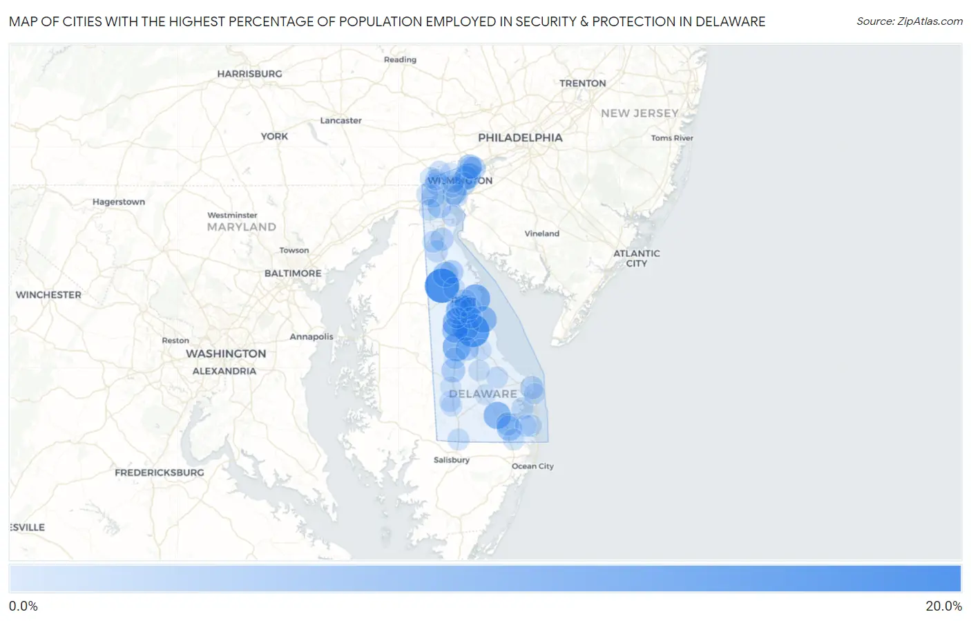 Cities with the Highest Percentage of Population Employed in Security & Protection in Delaware Map