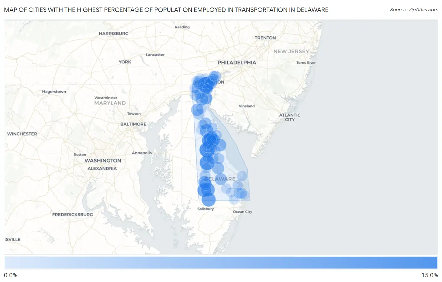 Cities with the Highest Percentage of Population Employed in Transportation in Delaware Map