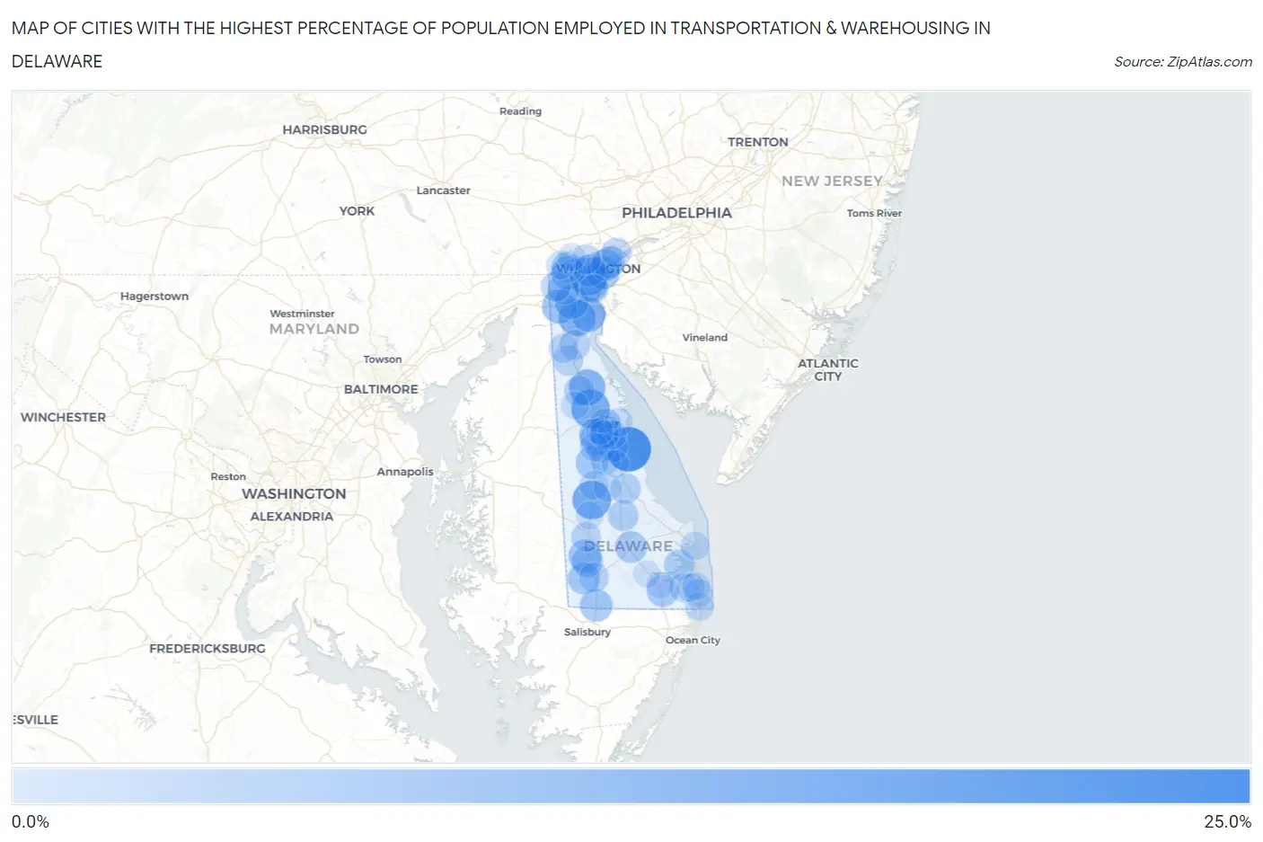 Cities with the Highest Percentage of Population Employed in Transportation & Warehousing in Delaware Map