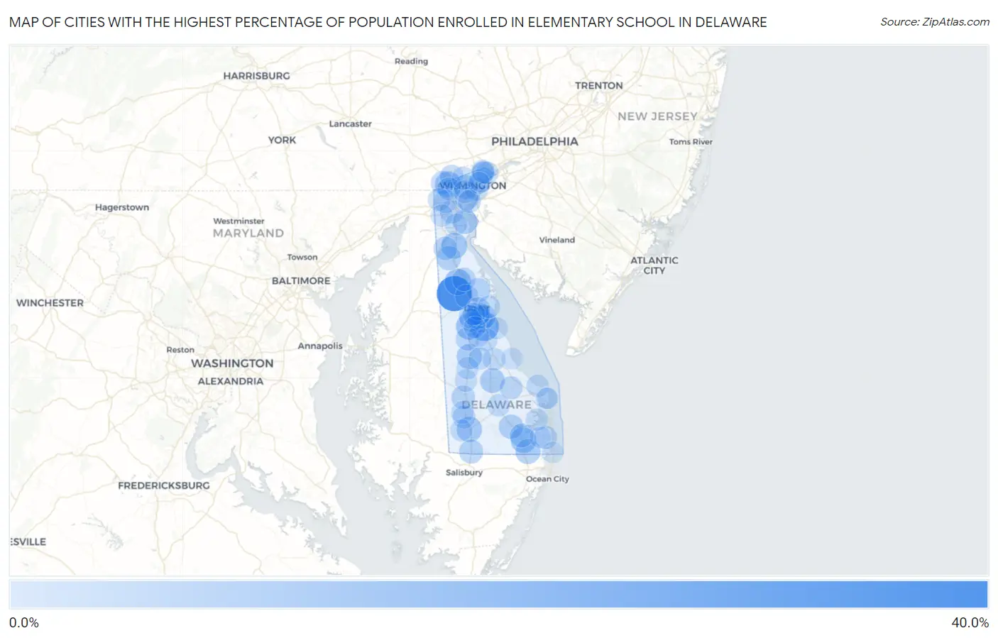 Cities with the Highest Percentage of Population Enrolled in Elementary School in Delaware Map