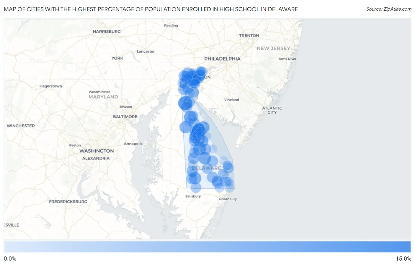 Cities with the Highest Percentage of Population Enrolled in High School in Delaware Map