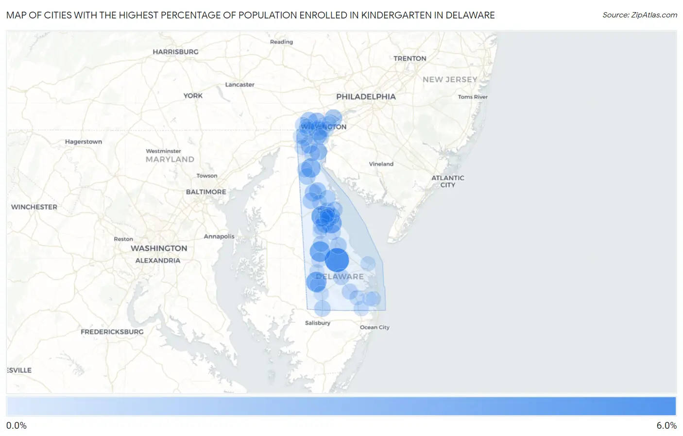 Cities with the Highest Percentage of Population Enrolled in Kindergarten in Delaware Map