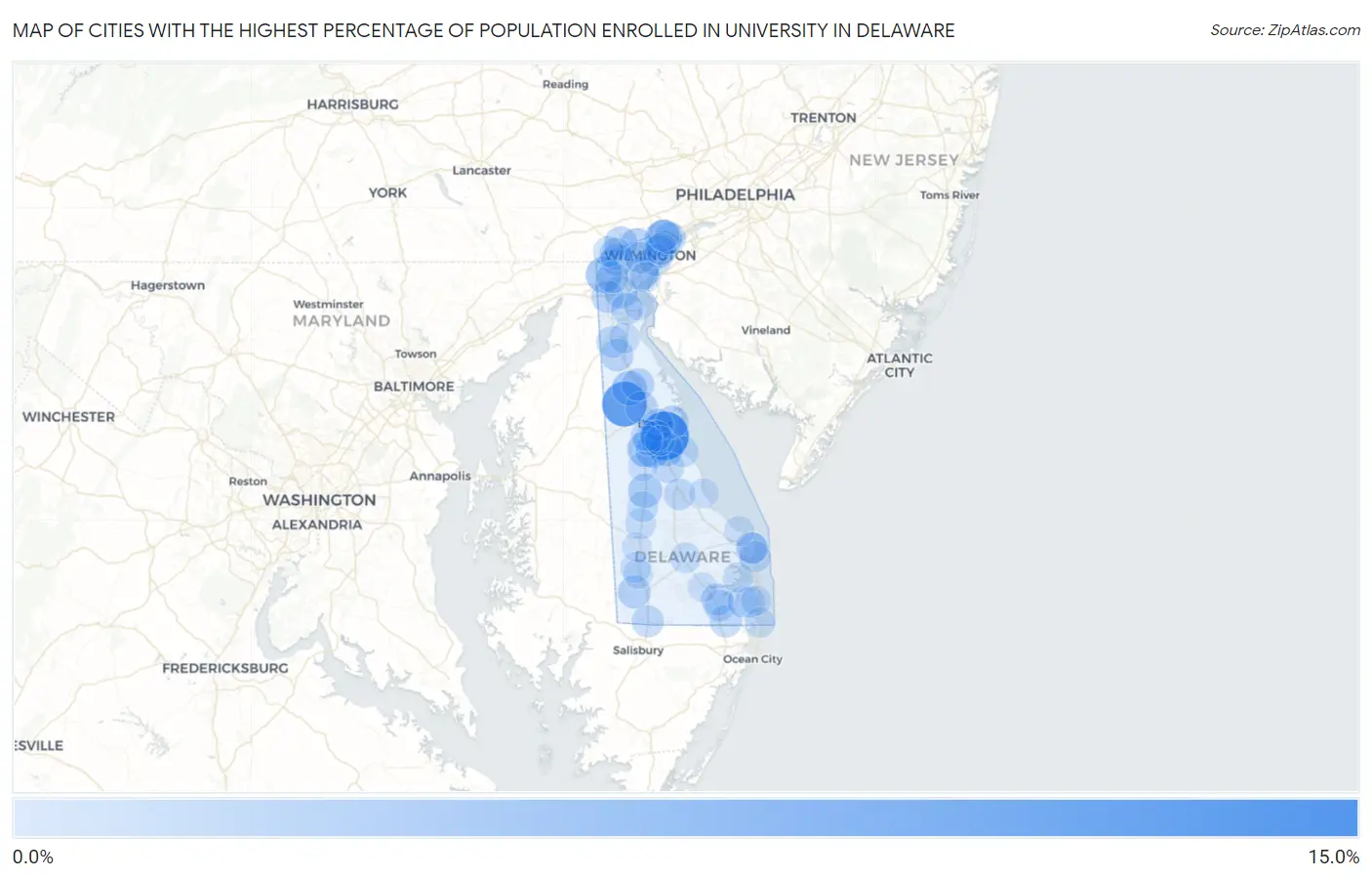 Cities with the Highest Percentage of Population Enrolled in University in Delaware Map