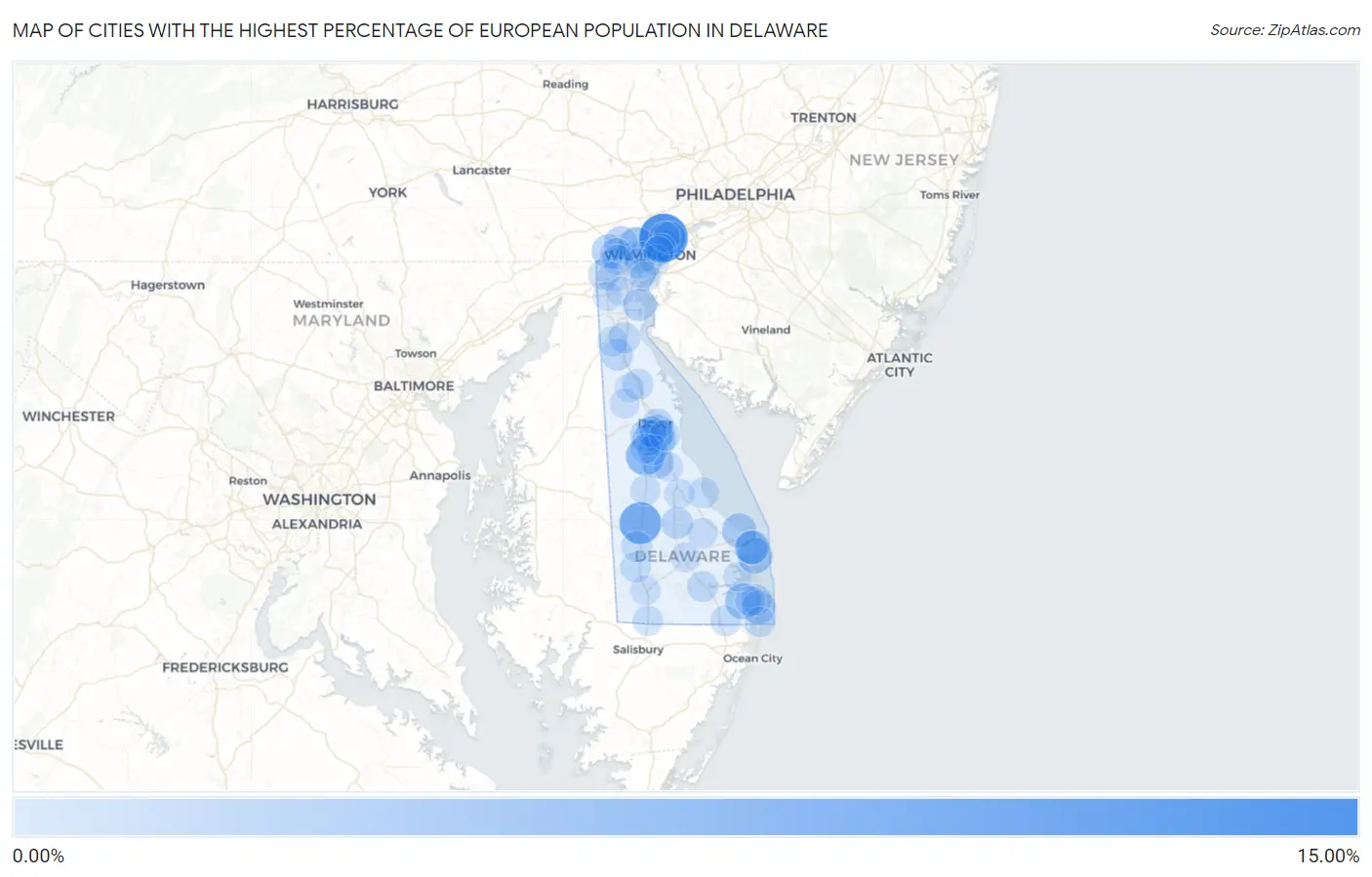 Cities with the Highest Percentage of European Population in Delaware Map