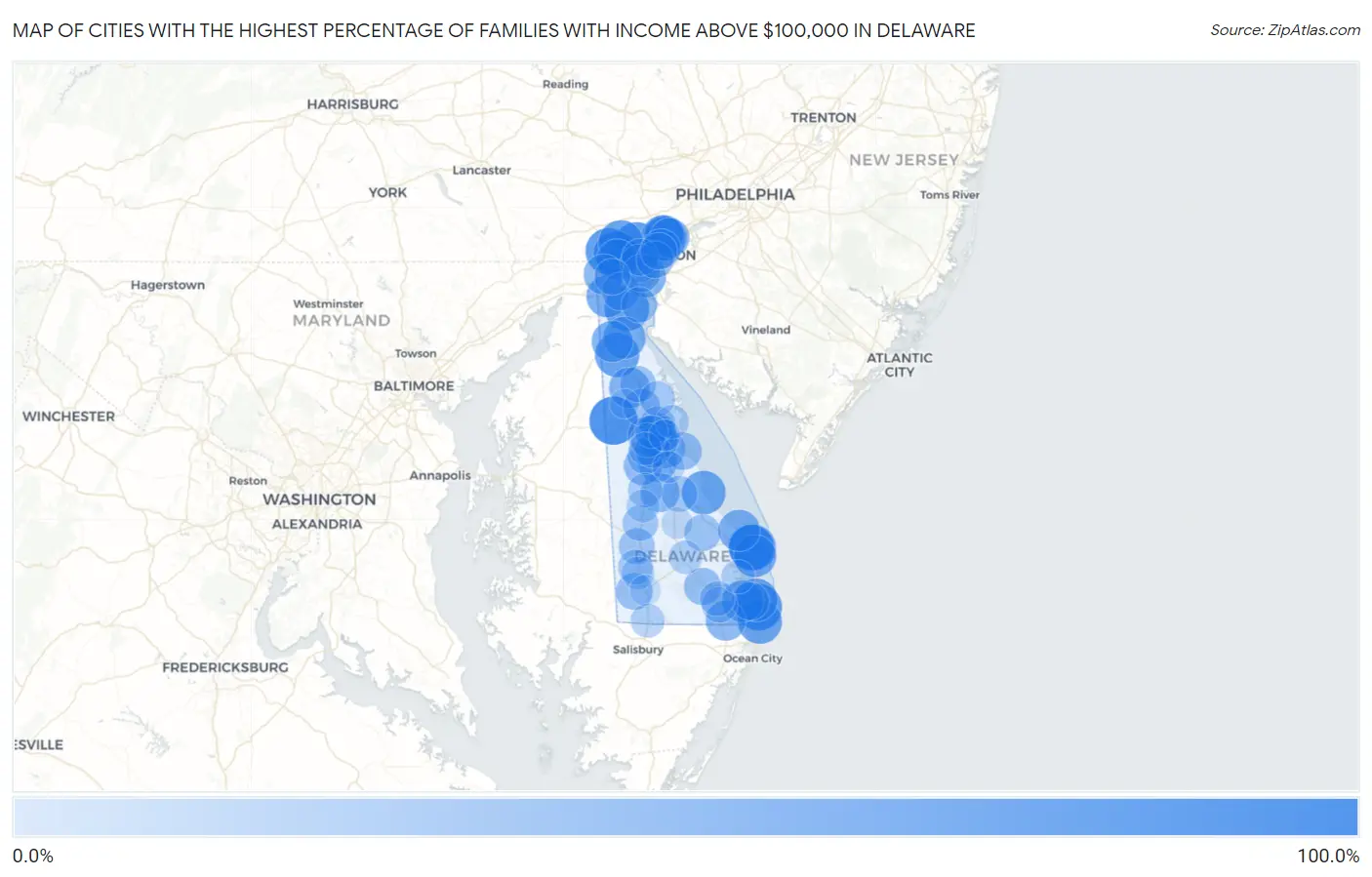 Cities with the Highest Percentage of Families with Income Above $100,000 in Delaware Map