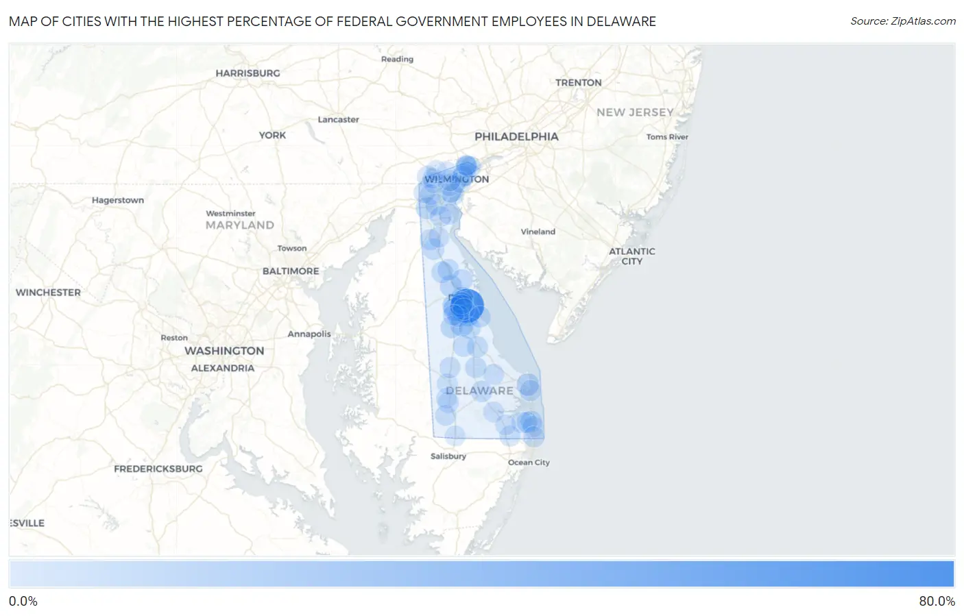 Cities with the Highest Percentage of Federal Government Employees in Delaware Map