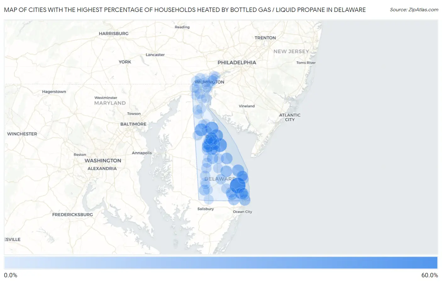 Cities with the Highest Percentage of Households Heated by Bottled Gas / Liquid Propane in Delaware Map