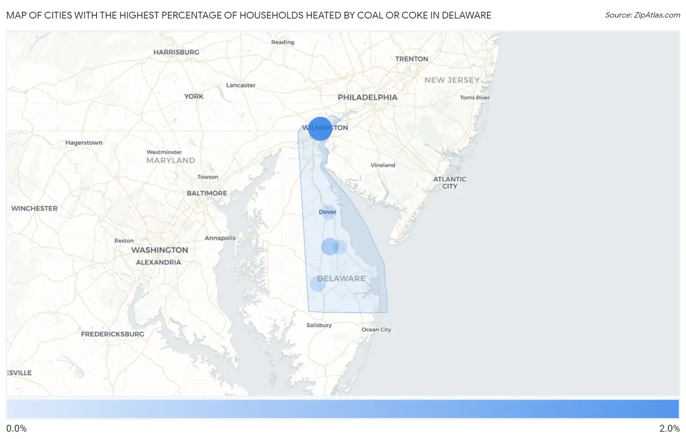 Cities with the Highest Percentage of Households Heated by Coal or Coke in Delaware Map