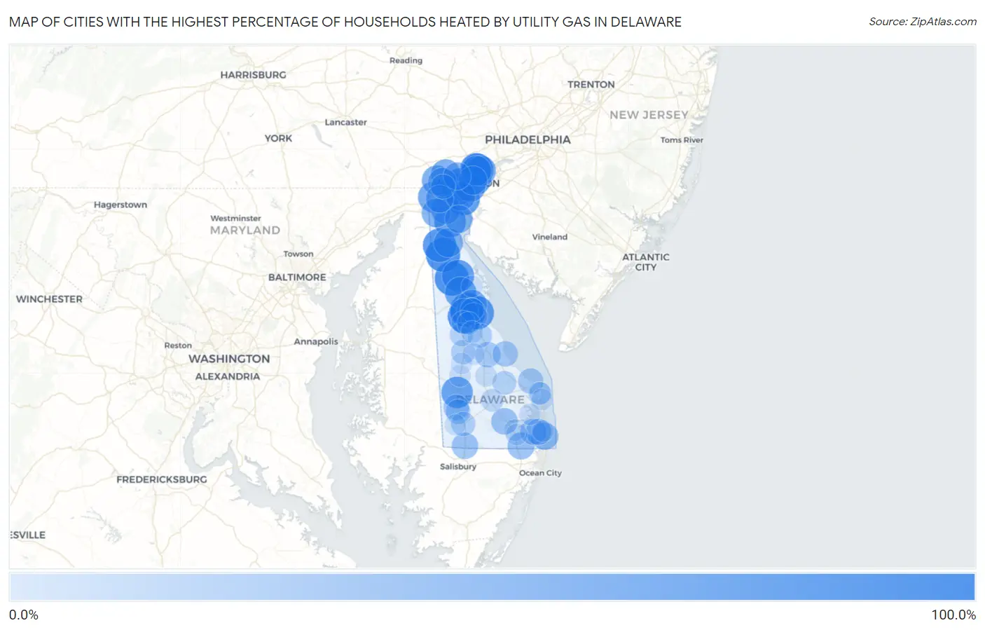 Cities with the Highest Percentage of Households Heated by Utility Gas in Delaware Map