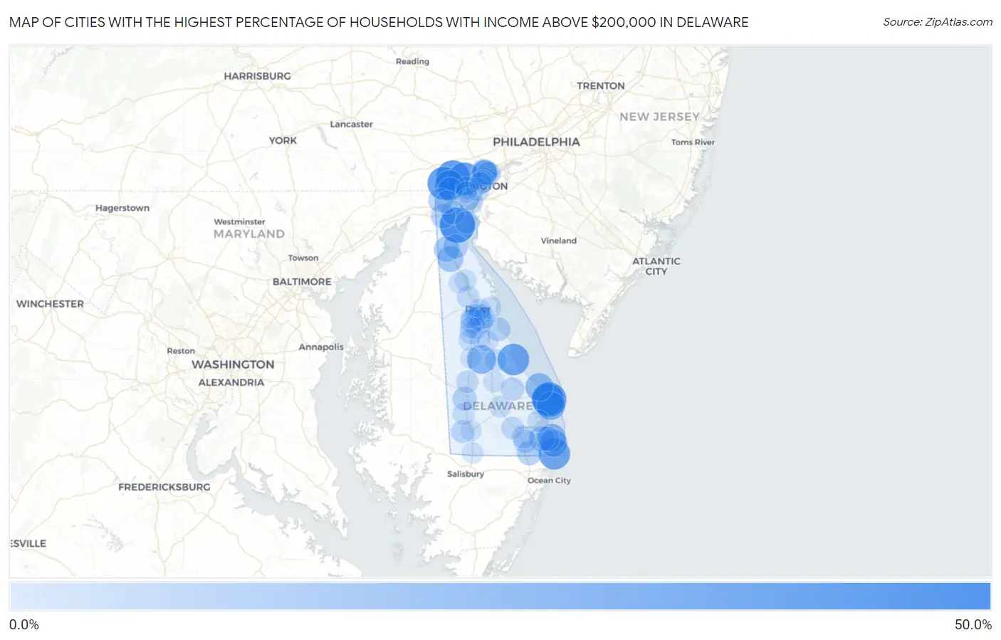 Cities with the Highest Percentage of Households with Income Above $200,000 in Delaware Map