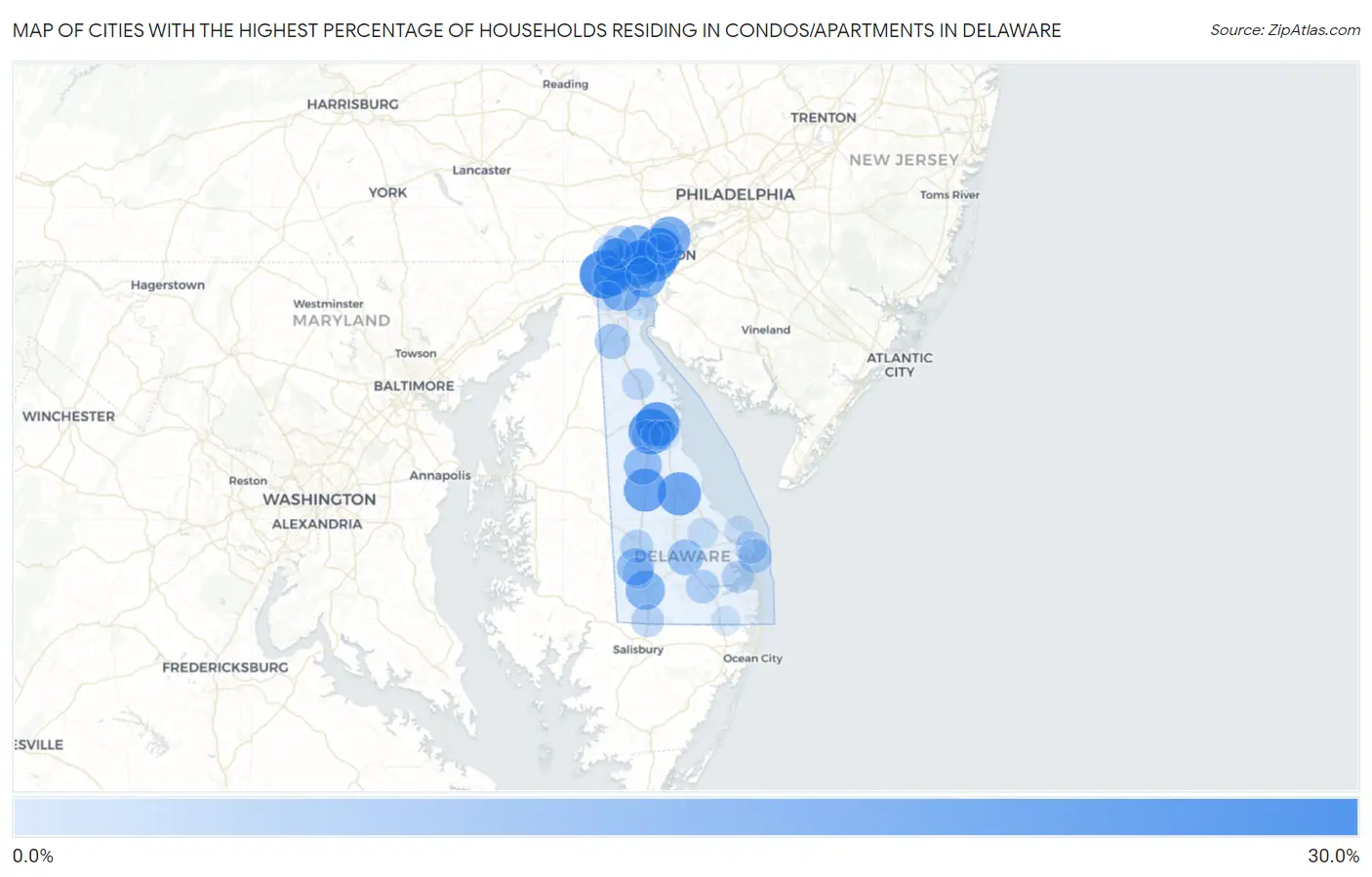 Cities with the Highest Percentage of Households Residing in Condos/Apartments in Delaware Map