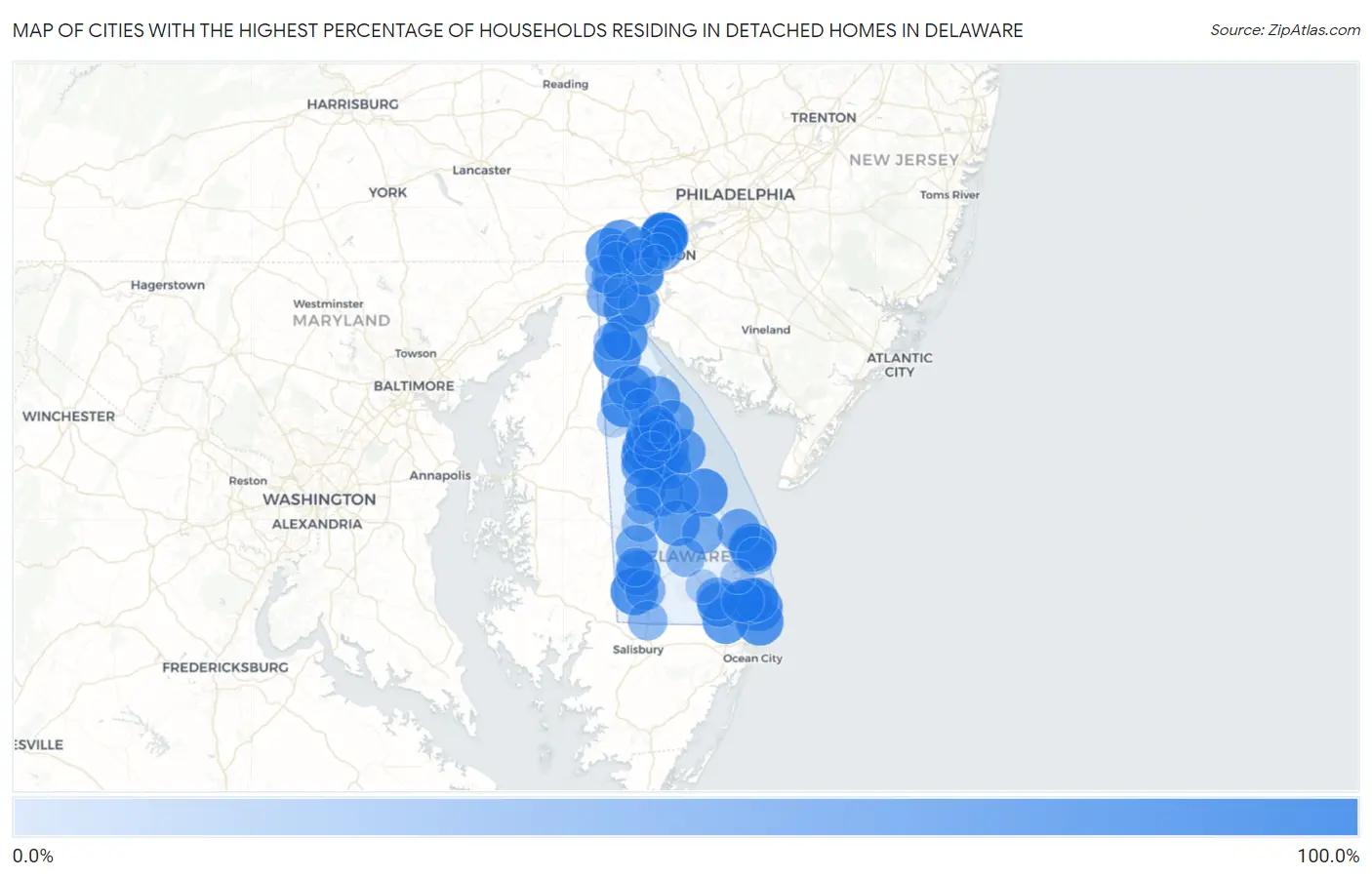 Cities with the Highest Percentage of Households Residing in Detached Homes in Delaware Map