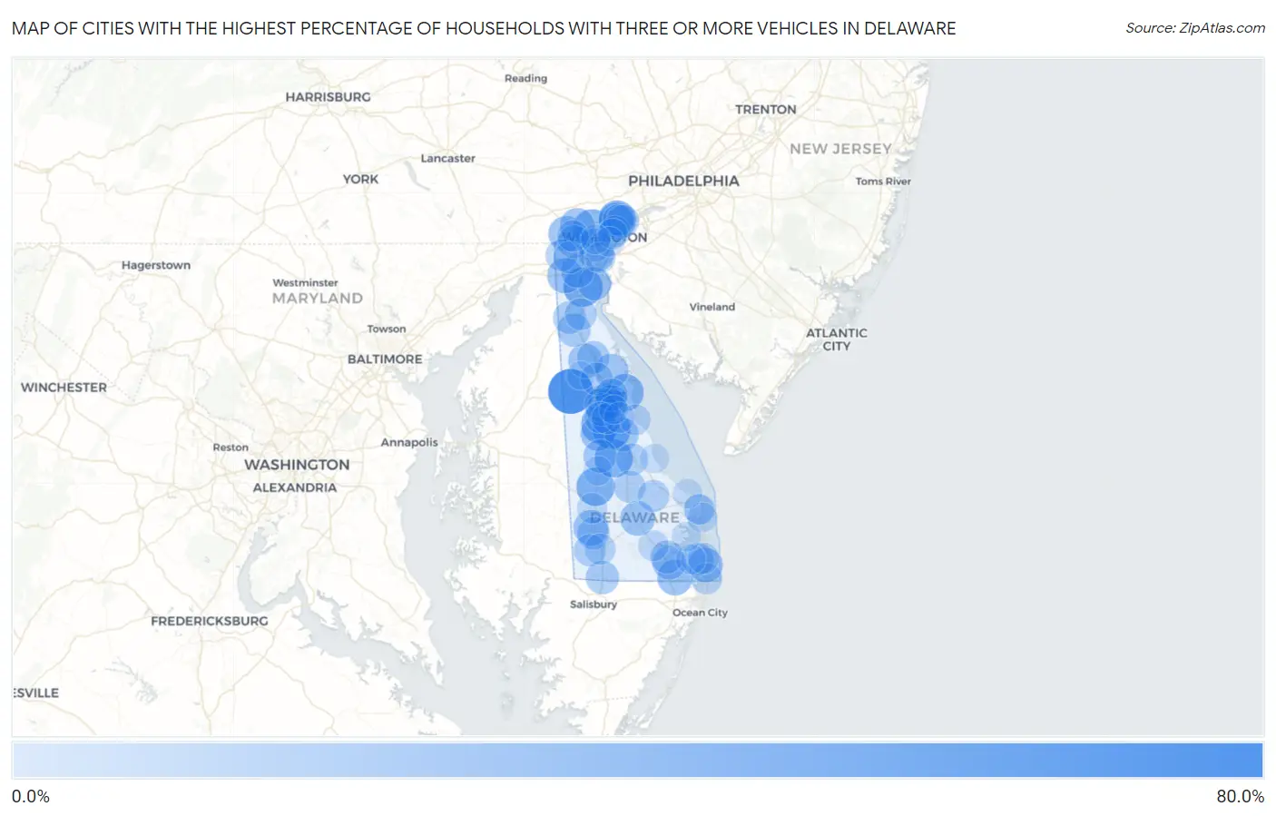 Cities with the Highest Percentage of Households With Three or more Vehicles in Delaware Map