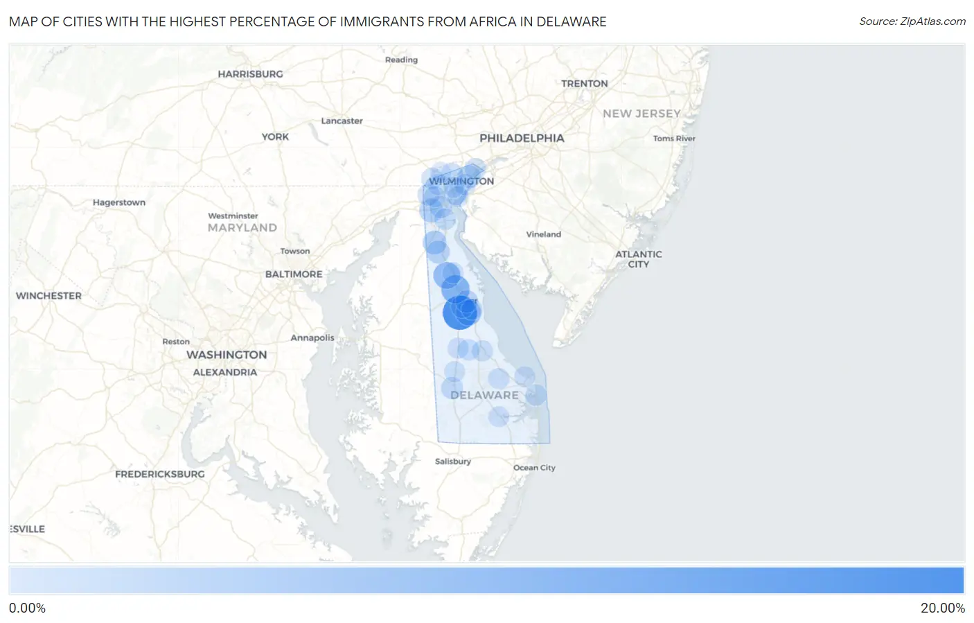 Cities with the Highest Percentage of Immigrants from Africa in Delaware Map