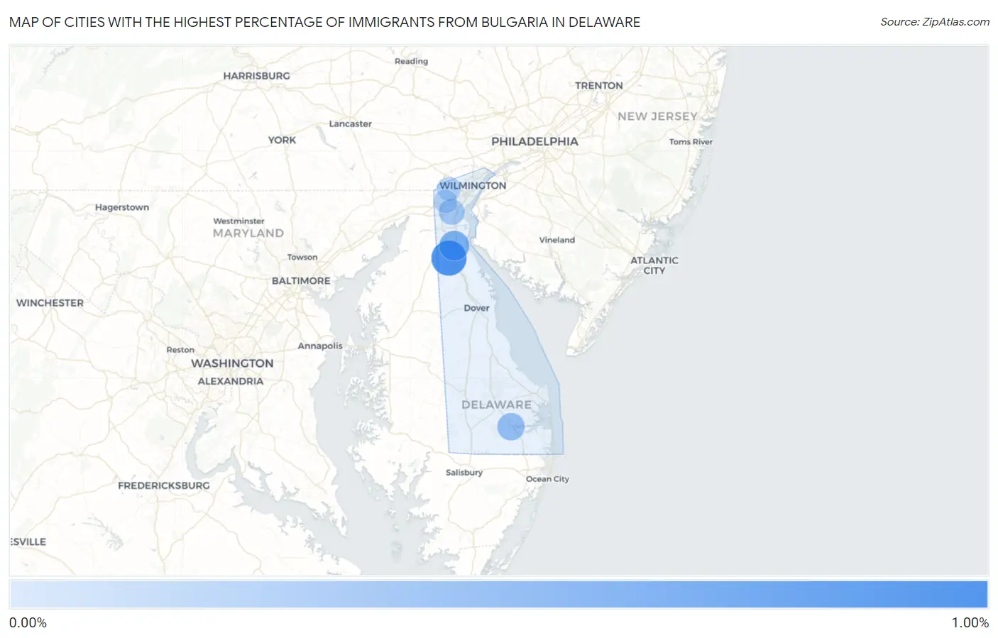Cities with the Highest Percentage of Immigrants from Bulgaria in Delaware Map
