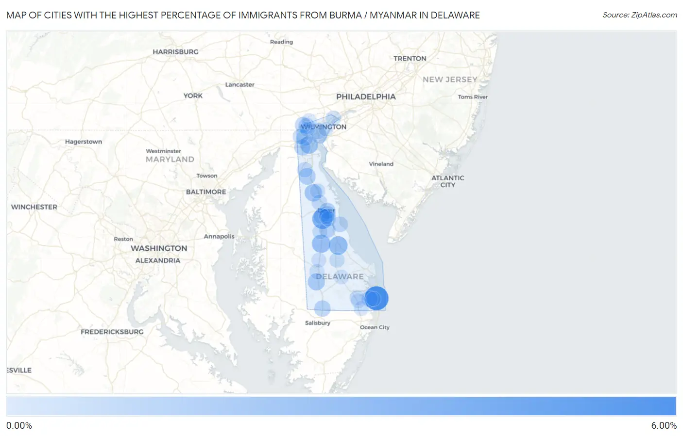 Cities with the Highest Percentage of Immigrants from Burma / Myanmar in Delaware Map