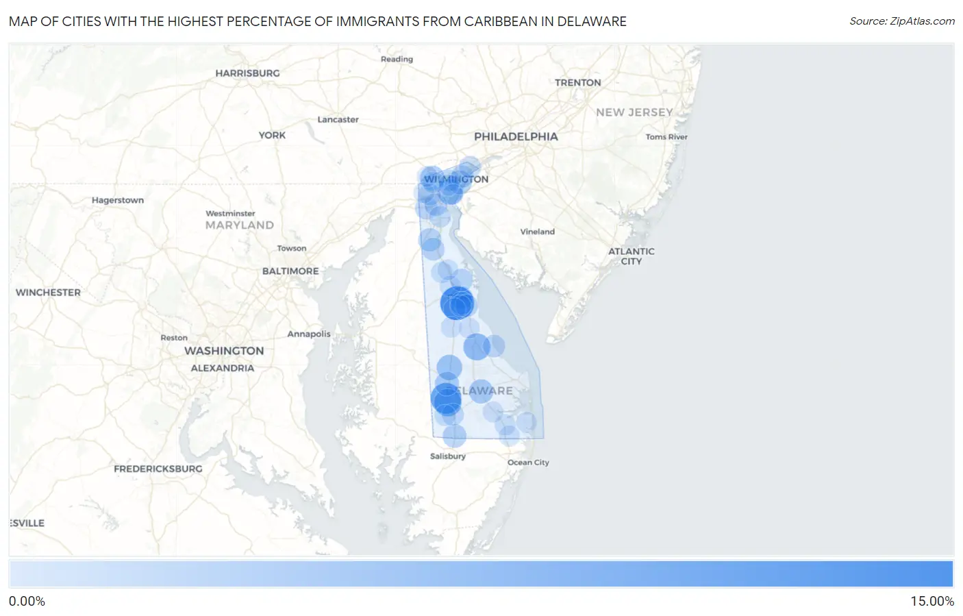 Cities with the Highest Percentage of Immigrants from Caribbean in Delaware Map