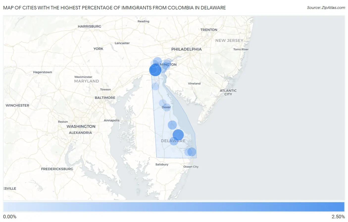 Cities with the Highest Percentage of Immigrants from Colombia in Delaware Map
