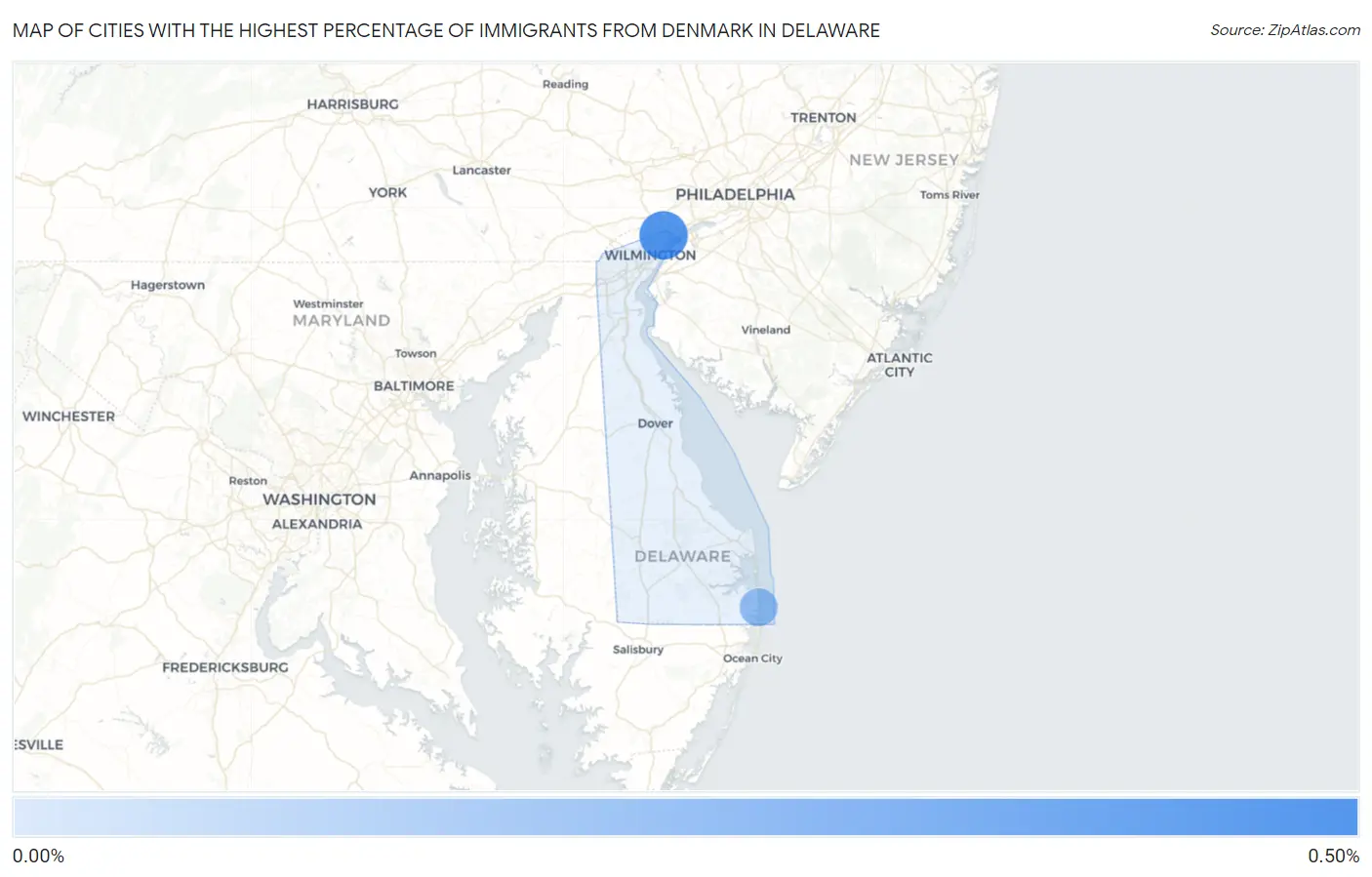 Cities with the Highest Percentage of Immigrants from Denmark in Delaware Map