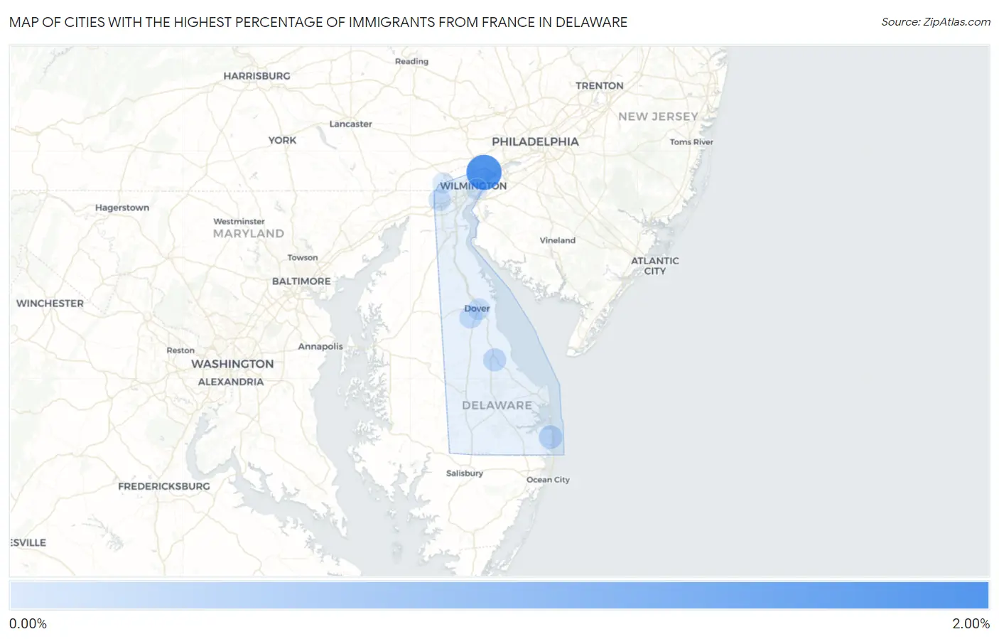 Cities with the Highest Percentage of Immigrants from France in Delaware Map