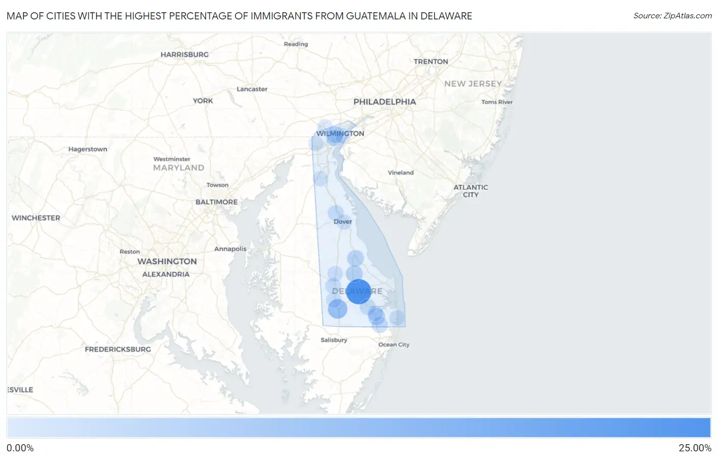 Cities with the Highest Percentage of Immigrants from Guatemala in Delaware Map