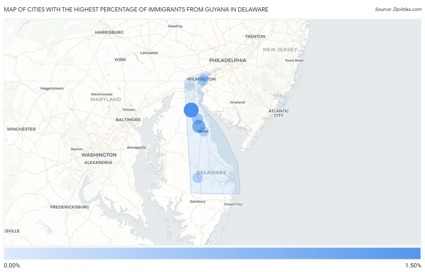 Cities with the Highest Percentage of Immigrants from Guyana in Delaware Map
