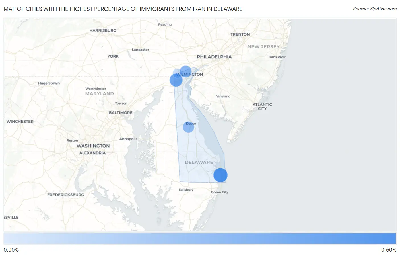 Cities with the Highest Percentage of Immigrants from Iran in Delaware Map