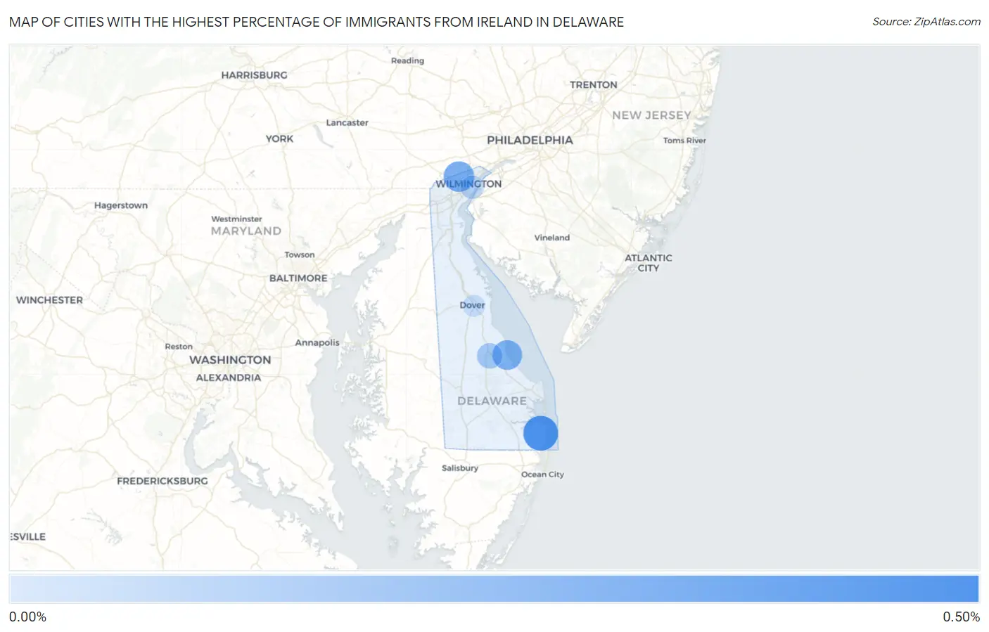 Cities with the Highest Percentage of Immigrants from Ireland in Delaware Map