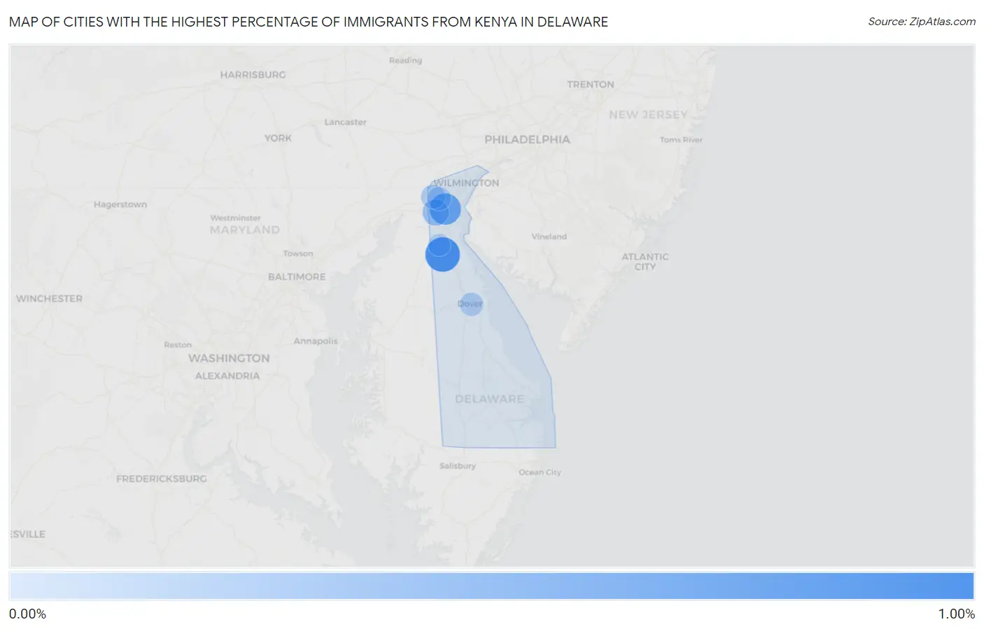 Cities with the Highest Percentage of Immigrants from Kenya in Delaware Map