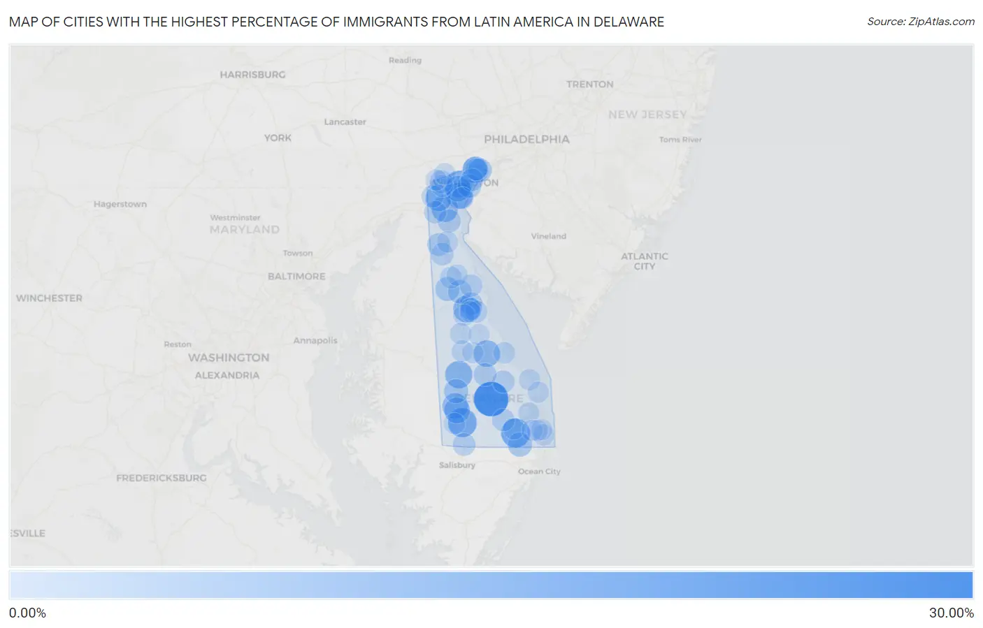 Cities with the Highest Percentage of Immigrants from Latin America in Delaware Map
