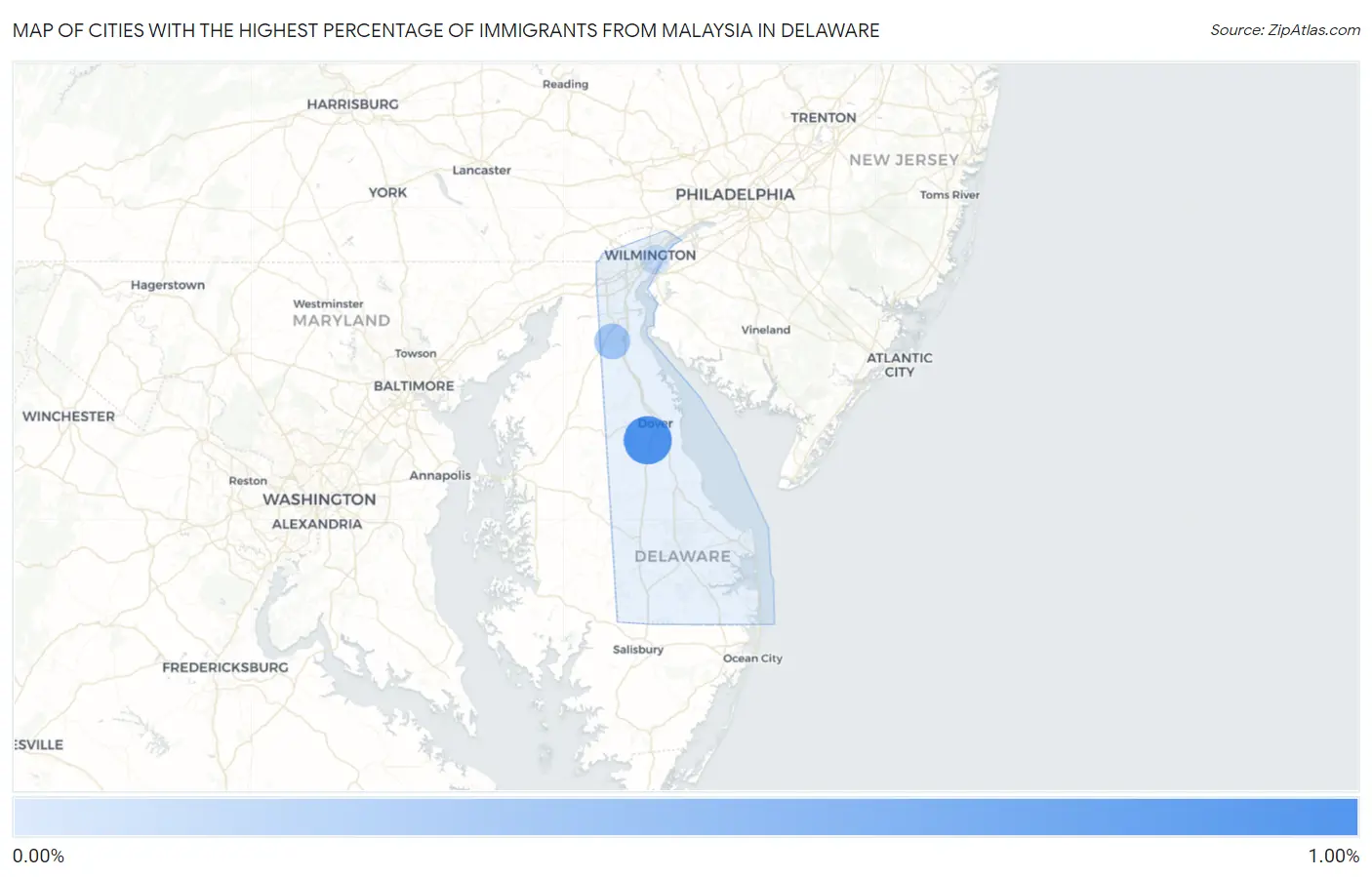 Cities with the Highest Percentage of Immigrants from Malaysia in Delaware Map