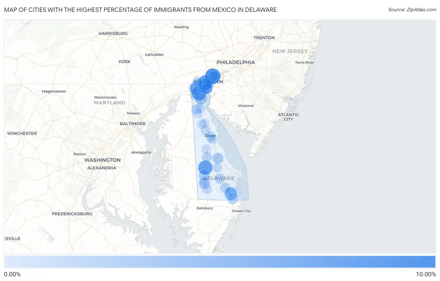 Cities with the Highest Percentage of Immigrants from Mexico in Delaware Map