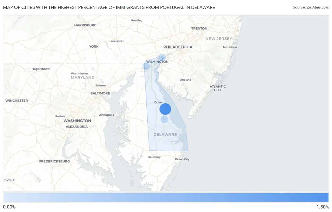 Cities with the Highest Percentage of Immigrants from Portugal in Delaware Map