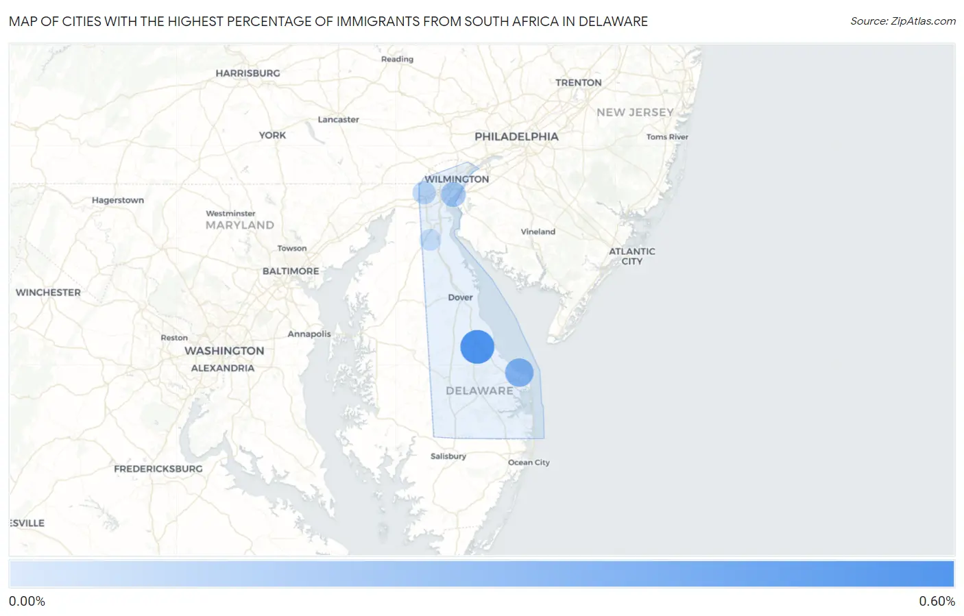 Cities with the Highest Percentage of Immigrants from South Africa in Delaware Map