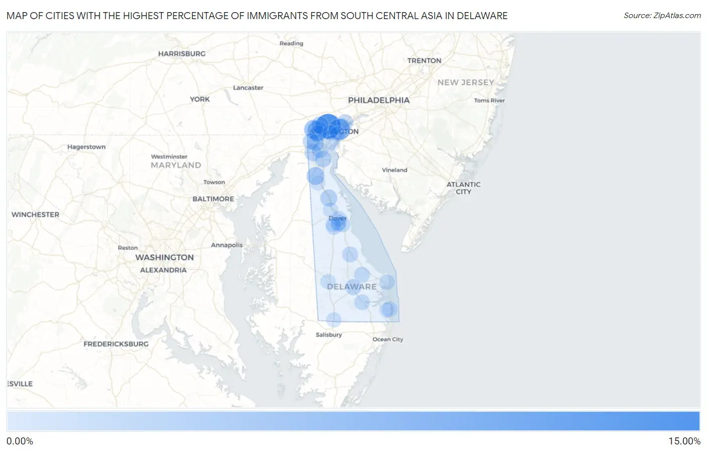 Cities with the Highest Percentage of Immigrants from South Central Asia in Delaware Map