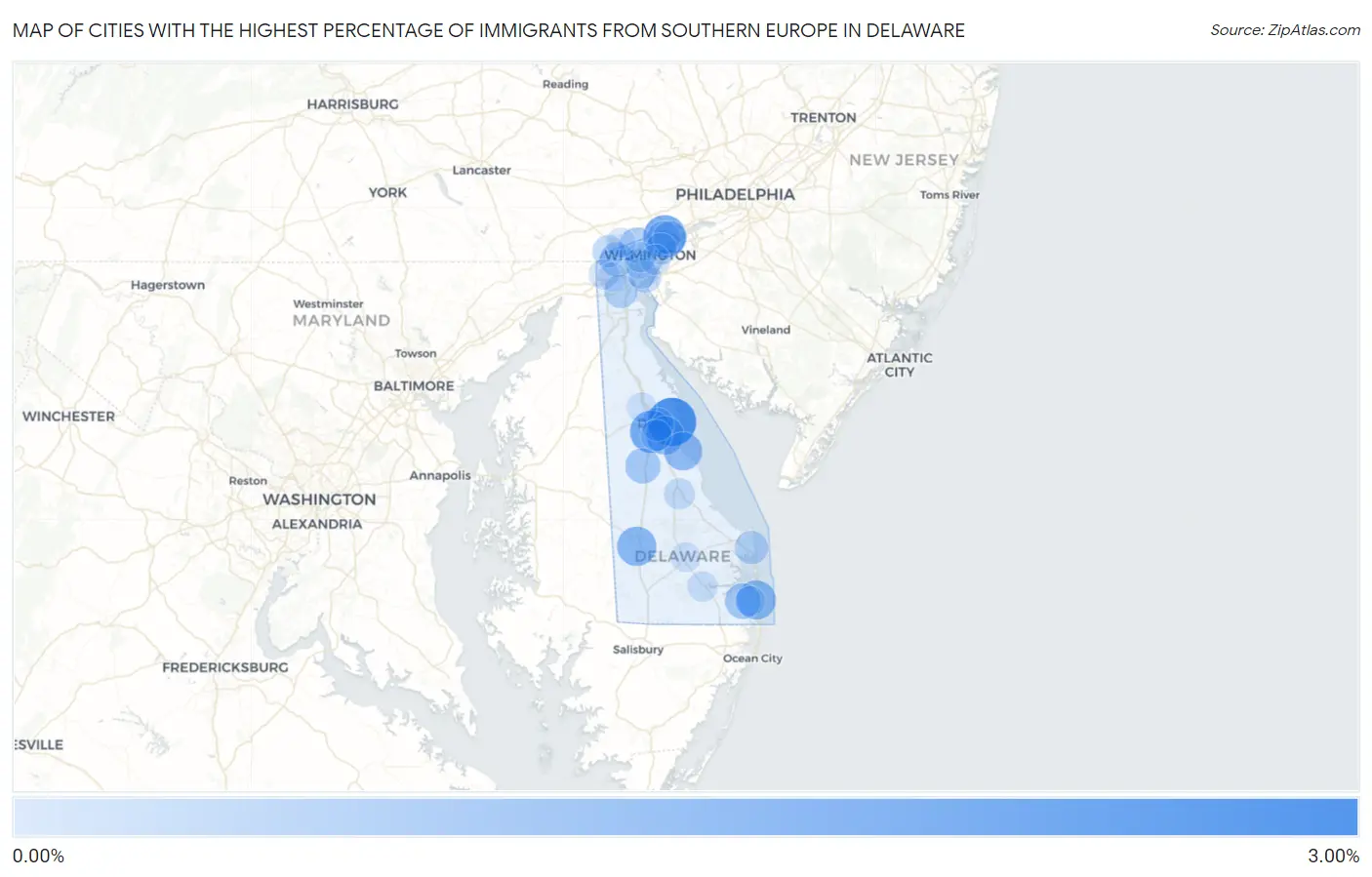 Cities with the Highest Percentage of Immigrants from Southern Europe in Delaware Map