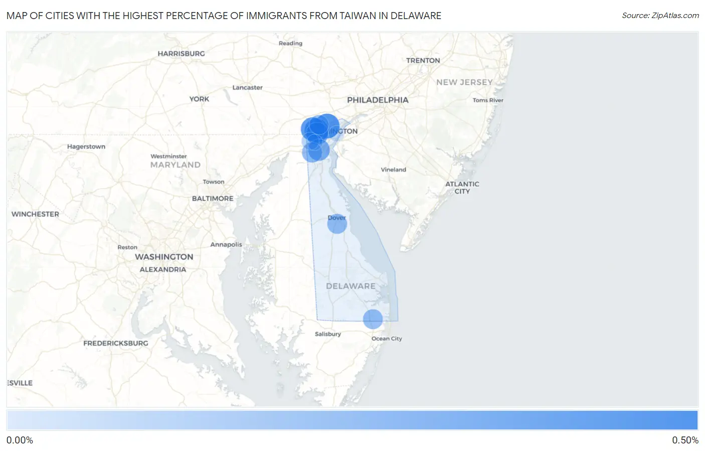 Cities with the Highest Percentage of Immigrants from Taiwan in Delaware Map