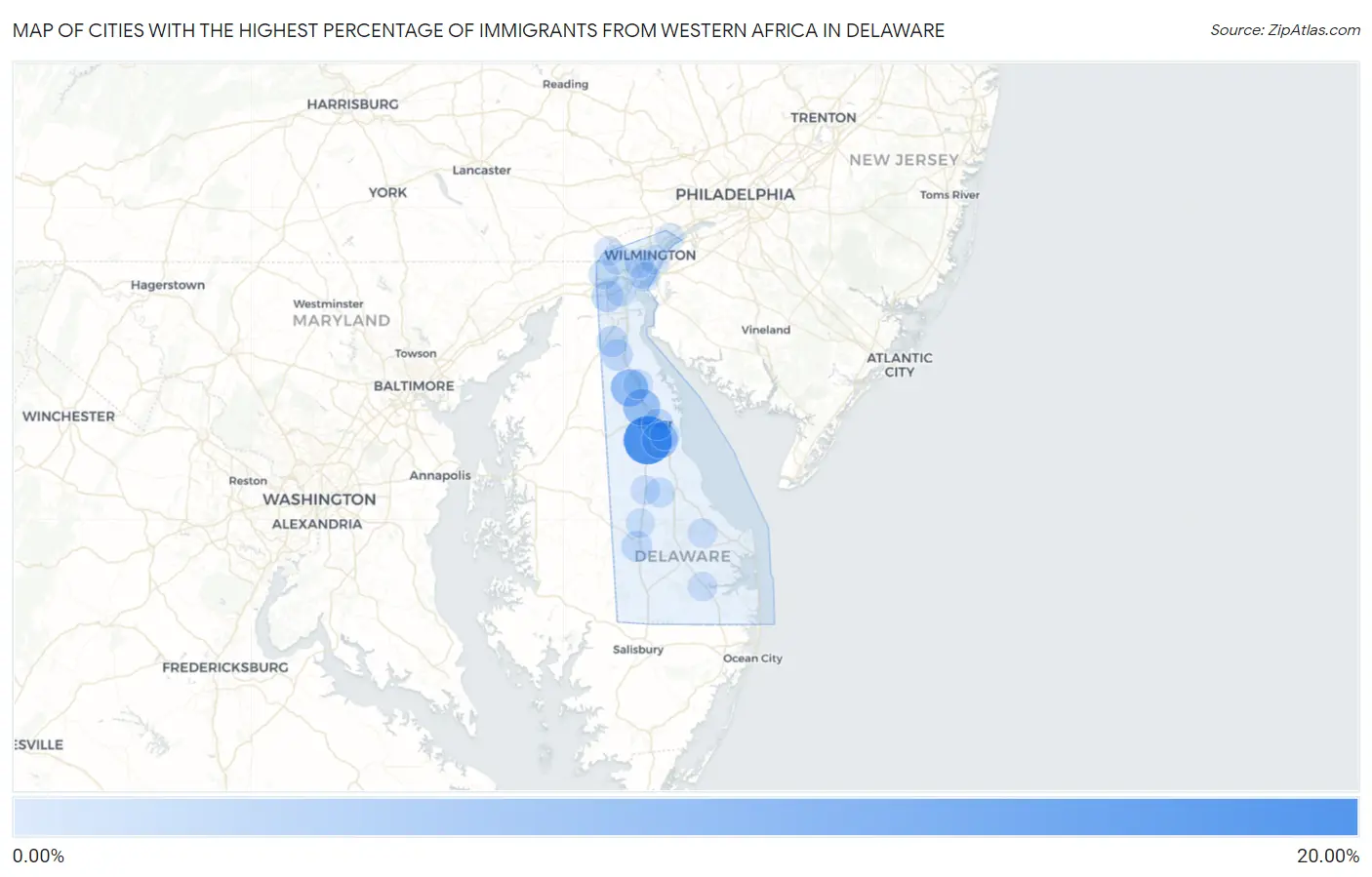 Cities with the Highest Percentage of Immigrants from Western Africa in Delaware Map