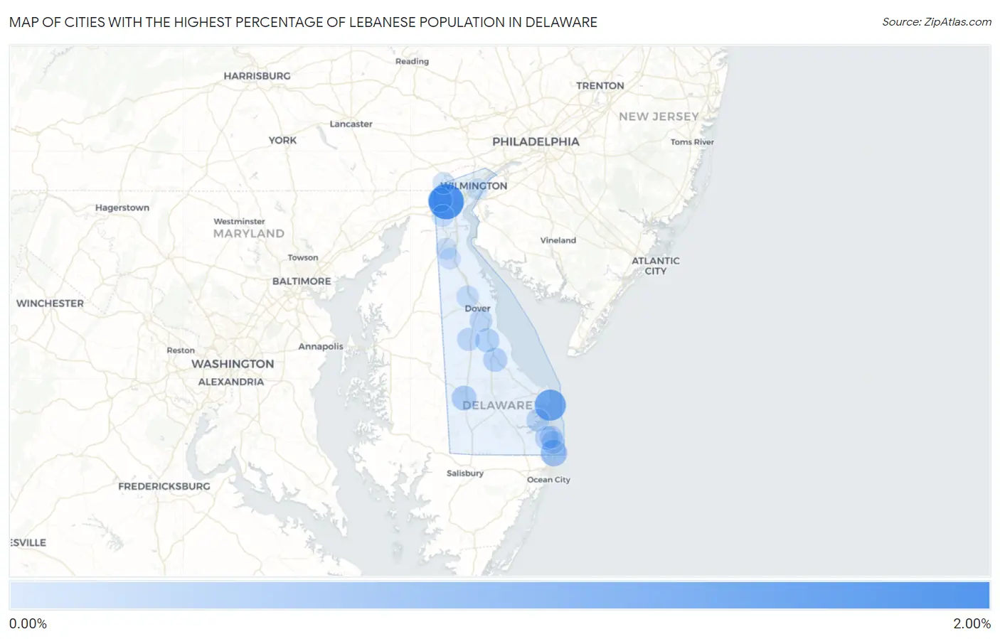 Cities with the Highest Percentage of Lebanese Population in Delaware Map